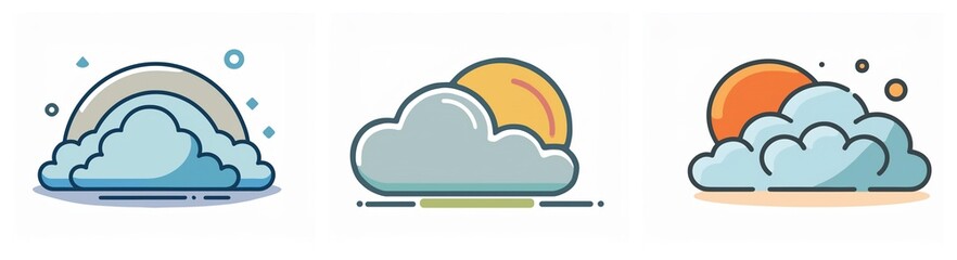 Aufkleber - Three weather icons depict a snowy cloud with rainbow, a cloudy sky with the sun partially visible, and a sunny cloud.