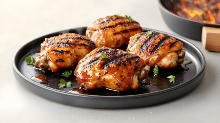 Poster - Honey Glazed Grilled Chicken Thighs Served on a Sizzling Plate Garnished with Fresh Parsley  A Delectable and Savory Dish Perfect for a Gourmet Dinner or Lunch