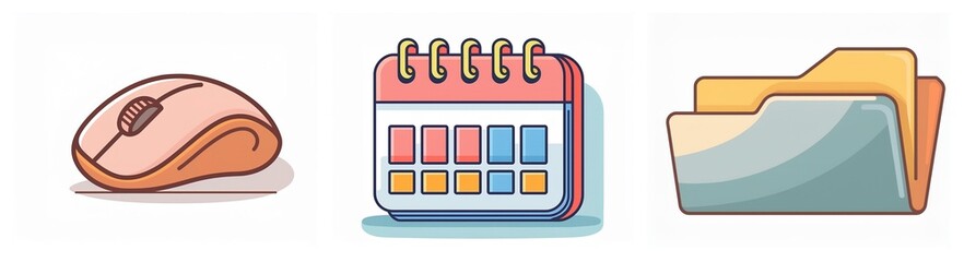 Poster - Cartoon icons depict a computer mouse for navigation, a calendar to track dates, and file folders for document organization.