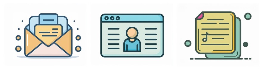 Poster - Three icons depicting digital communication and data.  An envelope with letters, a user profile page, and stacked documents represent messages, identity and files.