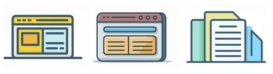 Fototapete - Three icons depict digital interface elements.  Two represent browser windows with different layouts and one shows a stack of documents or files.
