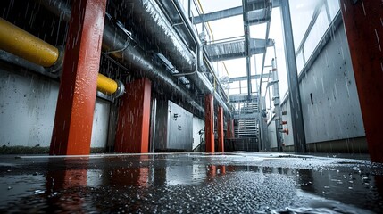 Poster - image showcasing the intricate network of pipes and condensation buildup within an industrial heat exchanger system  The photo captures the details of the metal steel