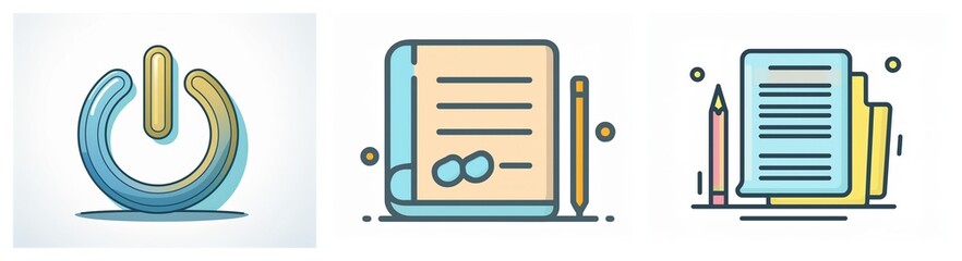 Poster - Three icons depict digital actions: power symbol, document with signature, and stack of files with pencil, representing start, agreement, and paperwork.