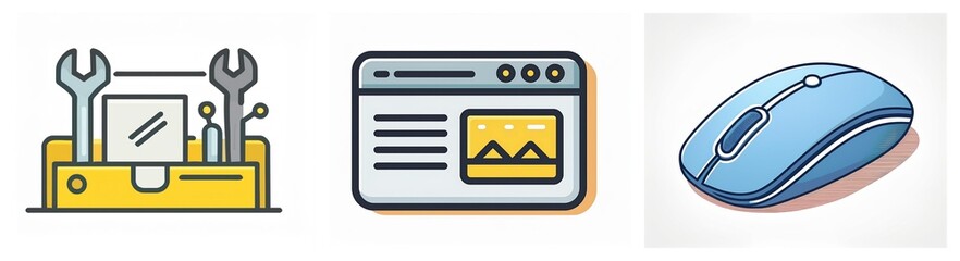 Aufkleber - Icons depict computer repair and web browsing: a toolbox with wrenches and screen, a browser window, and a blue computer mouse.