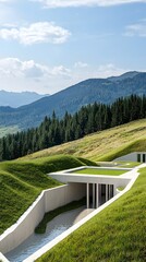 Fototapete - Innovative geothermal cooling system integrated into a contemporary architectural design set against a picturesque mountain landscape
