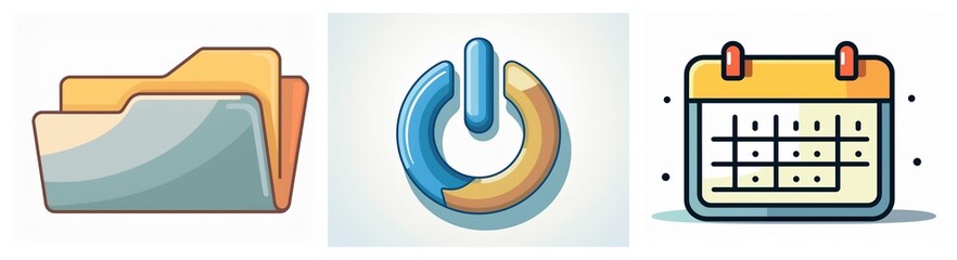 Poster - Three icons depict file organization, system control, and scheduling.  A folder, power symbol, and calendar represent digital management and timekeeping.