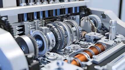 Poster - Intricate mechanical composition showcasing the dynamic interplay of gears shafts and other components within the complex architecture of an automotive gearbox