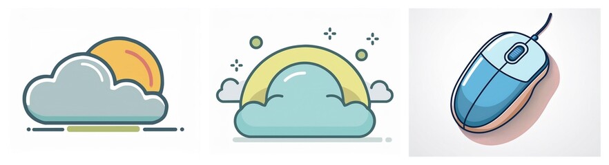 Poster - Three vector icons depict a sunny cloud, a happy cloud with a rainbow and sparkles, and a blue computer mouse. These are simple, flat design elements.