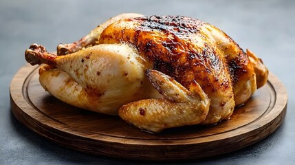 Poster - Juicy and succulent roasted whole chicken with crispy golden brown skin served on a rustic wooden platter  This delicious poultry dish is perfect for holiday gatherings family dinners