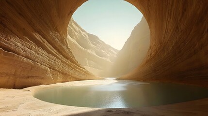 Poster - Massive subterranean water drainage tunnel with a circular archway that opens up to reveal a serene reflective pool of water  The scene evokes a sense of mystery wonder