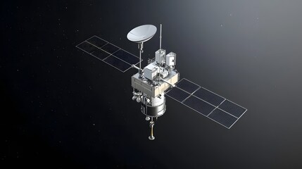 Fototapete - Minimalist 3D rendering of a satellite spacecraft transmitting digital data and signals from outer space to Earth below