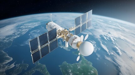 Fototapete - Minimalist 3D rendering of a satellite orbiting the Earth transmitting data and signals from the vast cosmos to the planet below  The satellite is powered by solar panels