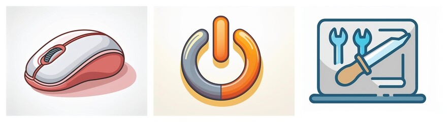 Poster - Three computer icons: a mouse, a power button, and a laptop screen displaying repair tools. Vector illustrations depict technology and maintenance.