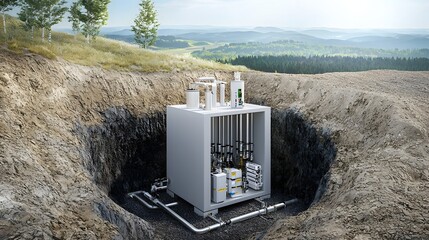 Poster - of a geothermal heating and cooling pipeline system installed underground in a rural countryside landscape