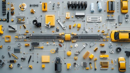 Leinwandbilder - Overhead shot of a comprehensive 4 wheel drive 4WD system layout featuring an array of automotive tools spare parts and mechanical components arranged in an organized