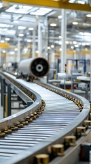 Poster - photo showcasing an automated factory conveyor belt system transporting large intricate cooling system components as part of the production and manufacturing process