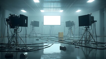 Poster - photo showcasing an underwater satellite uplink station with various cables electronics and production equipment in a studio setting