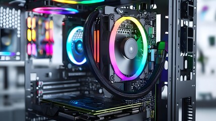 Poster - photograph showcasing a high performance computer cpu liquid cooling system with captivating rgb led