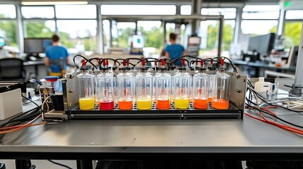 Poster - photograph showcasing control testing procedures for fire extinguishing agents prior to packaging
