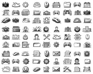 Fototapete - A diverse set of black and white icons representing various concepts like technology, business, tools, and communication.  The style is simple and outlined.