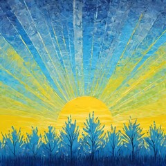 Poster - A stunning sun rises in a brilliant yellow, casting rays across a blue sky. Tall trees silhouette against the backdrop, creating a peaceful and uplifting atmosphere during dawn. Generative AI