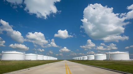 Aufkleber - Rows of tall white steel storage tanks containing liquid fire suppression chemicals in a commercial industrial facility