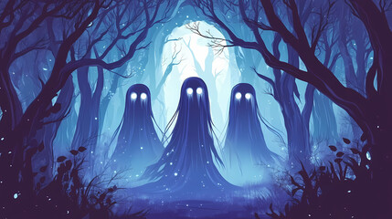 Wall Mural - Spooky phantasms in a shadowy forest at nightfall, flat design, front view, cursed woods theme, animation, colored pastel. Cursed Enchanted Forest. Illustration