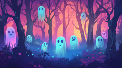 Wall Mural - Spooky phantasms in a shadowy forest at nightfall, flat design, front view, cursed woods theme, animation, colored pastel. Cursed Enchanted Forest. Illustration