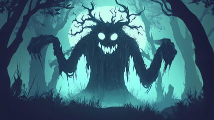 Wall Mural - Spooky phantasms in a shadowy forest at nightfall, flat design, front view, cursed woods theme, animation, colored pastel. Cursed Enchanted Forest. Illustration