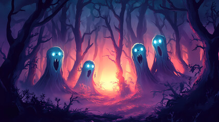 Wall Mural - Spooky phantasms in a shadowy forest at nightfall, flat design, front view, cursed woods theme, animation, colored pastel. Cursed Enchanted Forest. Illustration