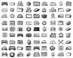 Poster - Various grey icons on white background, depicting computer functions, settings, files, folders, cloud, media, and controls for digital interface and operation.