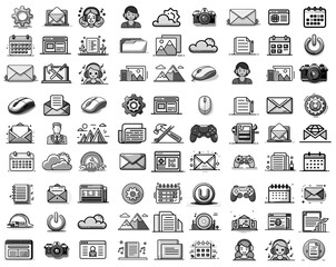 Poster - Collection of grayscale icons representing various digital interface elements. Includes symbols for settings, mail, calendar, media, user, tools, and cloud.