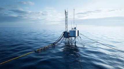 Poster - Underwater satellite uplink station with a network of communication cables submerged in the calm blue ocean waters