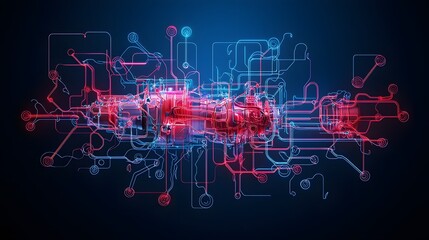 Poster - Vibrant and dynamic digital data visualization representing the thermal efficiency zones of an engine  This abstract and futuristic image showcases the complex network of information energy flows
