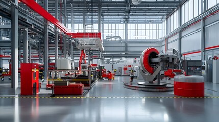 Poster - view of an automated factory production line filling fire extinguisher cylinders with CO2 gas in a modern industrial workshop setting  The facility features steel machinery conveyor belts