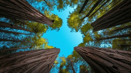 Wall Mural - A stunning forest with a heartshaped hole in its canopy, revealing a glimpse of the vibrant blue sky above.