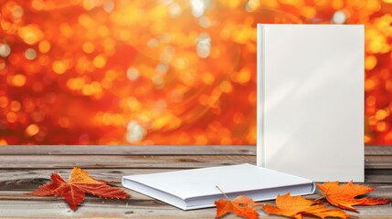 Poster - A  white book rests on a wooden table, softly illuminated by sunlight, perfect for showcasing your design.