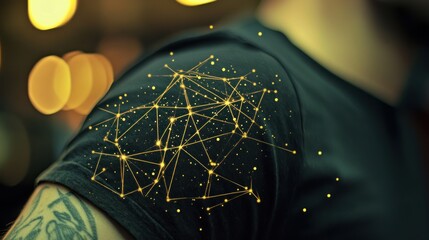 Poster - abstract gold network connection glowing on a person's shoulder.