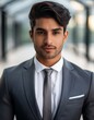 © Giama22 - A handsome young Indian man, dressed in a formal suit, projects a serious and confident demeanor in this professional headshot. He could be an executive, legal advisor, or financial expert.