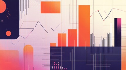 Poster - abstract graphic design with charts, graphs, and geometric shapes in orange and purple hues.