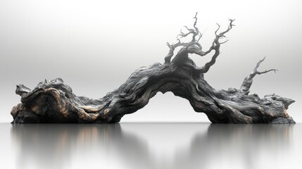 Poster - Abstract gray and gold gnarled tree trunk sculpture on reflective surface.