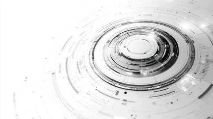 Poster - abstract grayscale circular tech design with concentric rings and glowing elements.