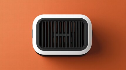 Poster - Compact smart air conditioner with an AI-driven cooling system, placed on a bold burnt sienna background, top view.