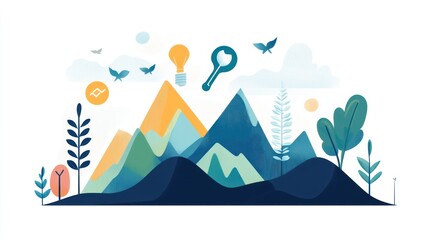 Poster - Abstract illustration of mountains, birds, plants, lightbulb, and magnifying glass symbolizing ideas, discovery, and nature.