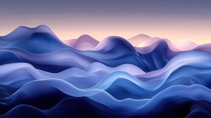 Fototapete - Abstract landscape of undulating blue and purple hills at sunset.
