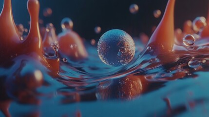 Aufkleber - Abstract metallic sphere floating on vibrant liquid surface with dynamic splashes and bubbles.