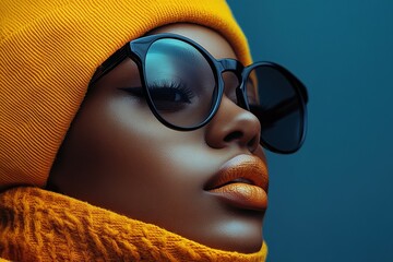 Wall Mural - Elegant woman in stylish sunglasses with a vibrant yellow beanie and scarf