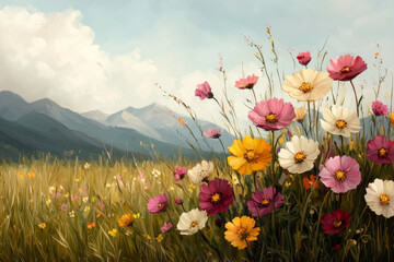 Wall Mural - vibrant wildflower meadow with colorful blooms under soft sunlight