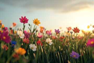 Wall Mural - vibrant wildflower meadow with sun casting long shadows