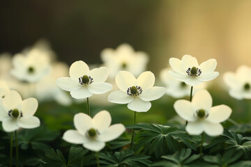 Wall Mural - white wildflowers bloom in sunlit meadow, creating serene scene